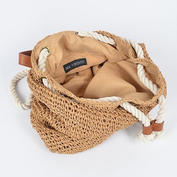 NWT Boho Beach Raffia Woven Rope Backpack - Picture 8 of 11